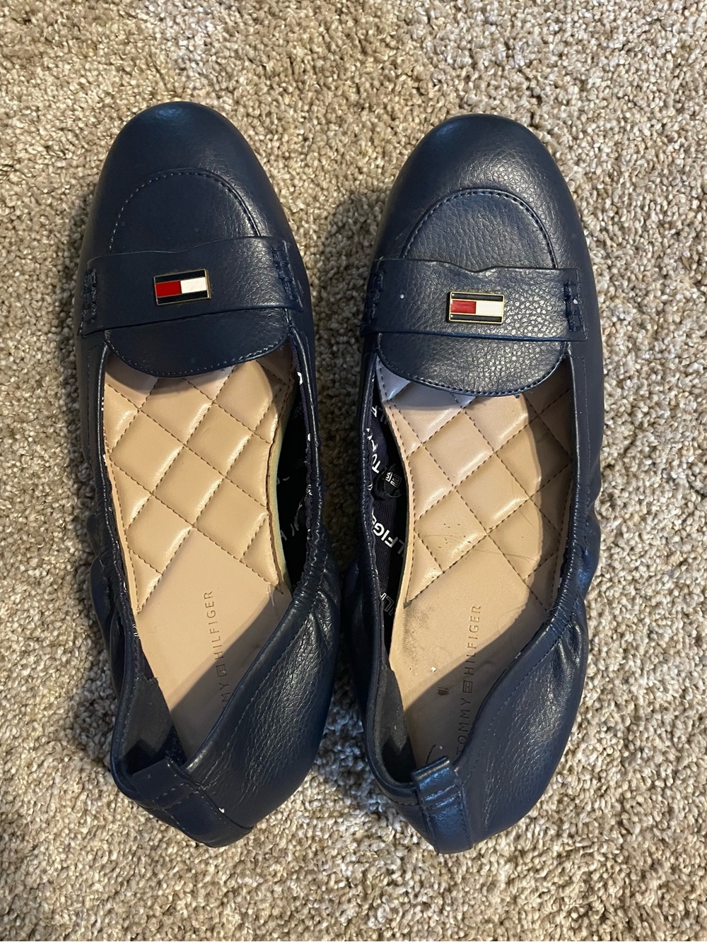 Tommy Hilfiger Navy Leather Slip-On Loafers with Quilted Beige Insole